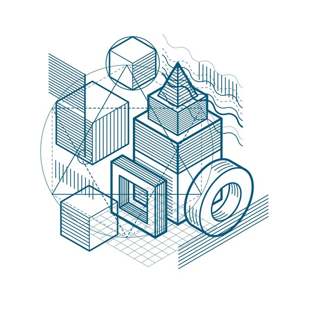 isometric abstraction with lines and different elements, vector abstract background. composition of cubes, hexagons, squares, rectangles and different abstract elements.