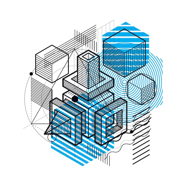 Isometric abstraction with lines and different elements, vector abstract background. Composition of cubes, hexagons, squares, rectangles and different abstract elements.