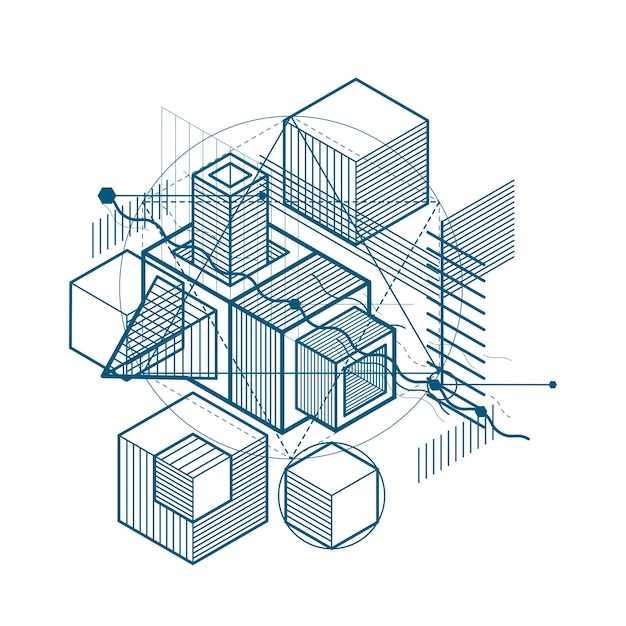 Isometric abstraction with lines and different elements, vector abstract background. Composition of cubes, hexagons, squares, rectangles and different abstract elements.