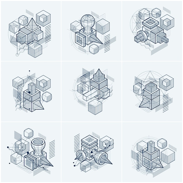 Isometric abstractions with lines and different elements, vector abstract backgrounds. Compositions of cubes, hexagons, squares, rectangles and different abstract elements. Vector set.