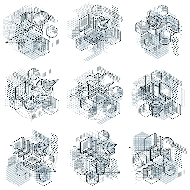 Isometric abstractions with lines and different elements, vector abstract backgrounds. Compositions of cubes, hexagons, squares, rectangles and different abstract elements. Vector set.