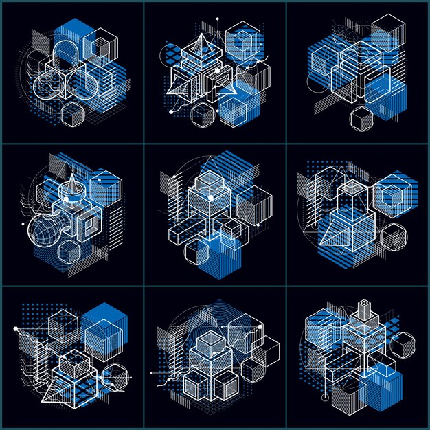 Isometric abstractions with lines and different elements, vector abstract backgrounds. Compositions of cubes, hexagons, squares, rectangles and different abstract elements. Vector set.