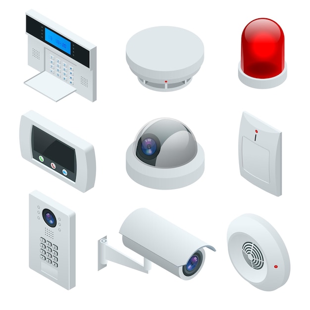 Isometric alarm system home. Home security. Security alarm keypad with person arming the system. Access, Alarm zones, security system panel vector illustration