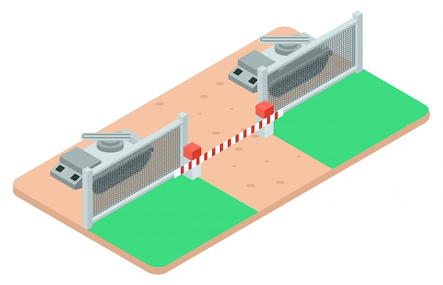 isometric army base camp with tank helicopter military