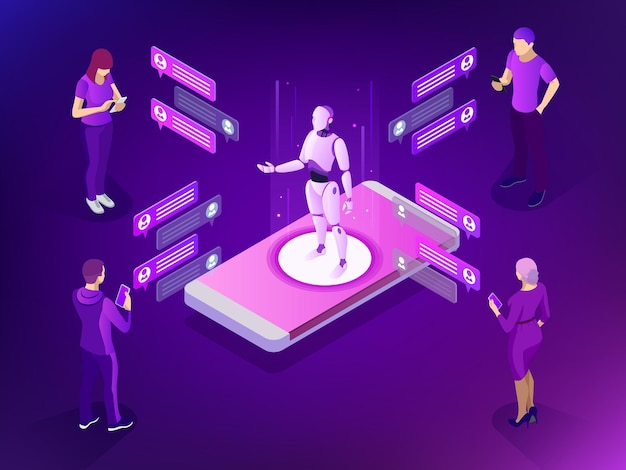 isometric artificial intelligence. ai and business iot concept. mans and women chatting with chatbot application.