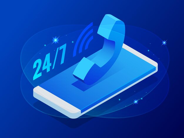 Isometric banner of 24 7 service, open, customer service, support, help call center, e-shop, emergency, repair or delivery. Vector illustration