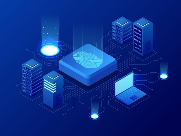 isometric biometrics blockchain technology and finger print scanning identification system. biometric authorization and business security concept. vector illustration for business, infographic, banner