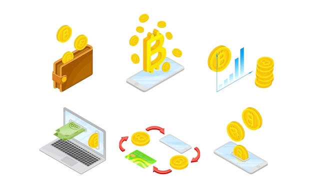 Isometric bitcoin currency gold coins exchange scheme and profit chart vector set