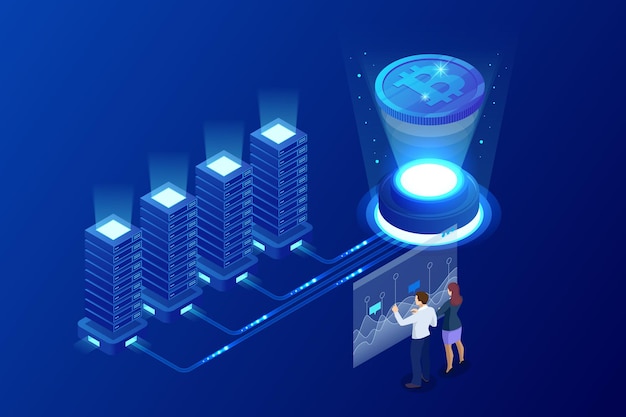 isometric bitcoin mining concept. cryptocurrency and blockchain concept. farm for mining bitcoins. digital money market, investment, finance and trading. vector illustration.