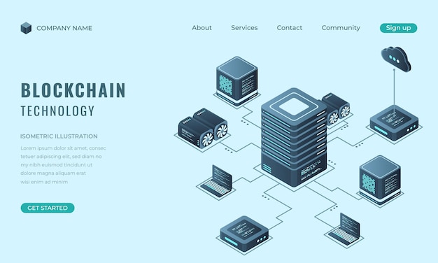 Isometric blockchain technology landing page concept Isometric cryptocurrency Digital technology website landing page Vector illustration