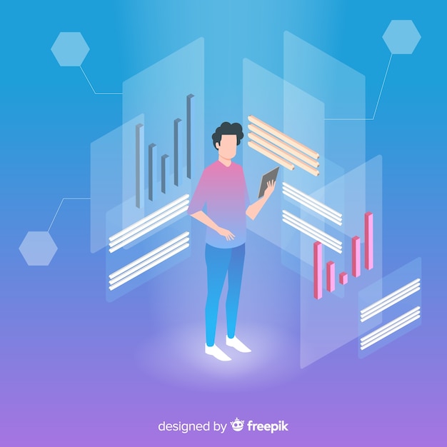 Isometric business technology with man on tablet