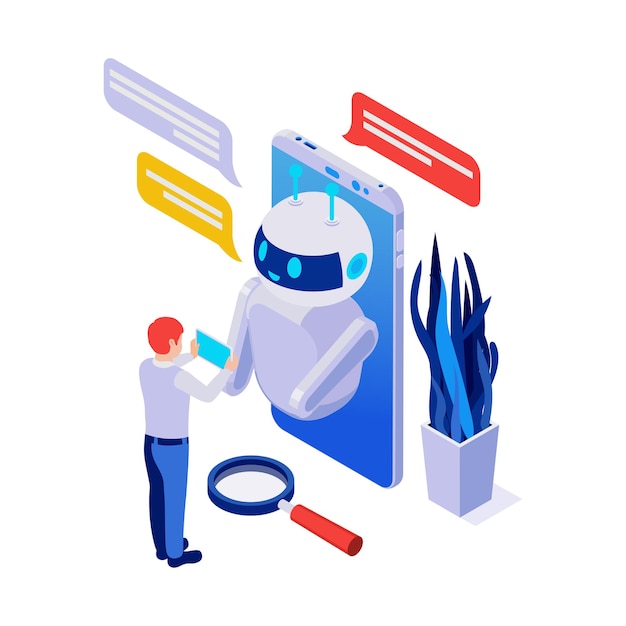 Isometric chatbot messenger application with smartphone and human character 3d