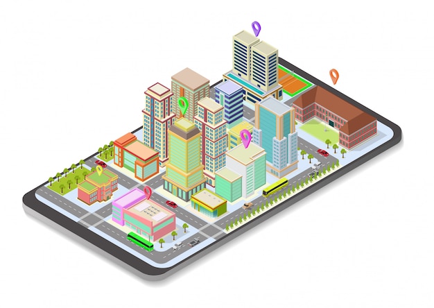 isometric city map on smart phone
