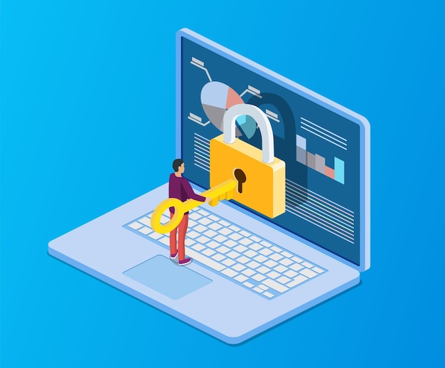 Isometric computer with key, lock