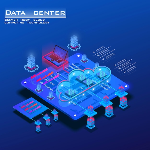 Isometric concept of data center and information Server room with powerful processor for web hosting Big data storage concept and cloud computing technology Vector illustration