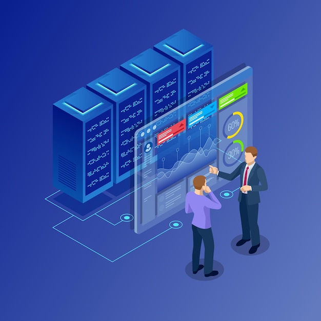 Isometric concept of data network management. Businessmans in data center room. Hosting server and computer database. Vector illustration