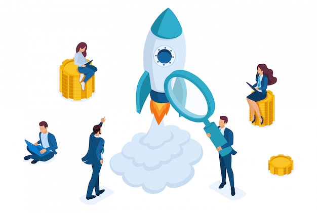 Isometric concept of investing in startups, rocket launch, young entrepreneurs. 