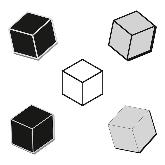 isometric cube set varied shading styles geometric vector shapes abstract black and white
