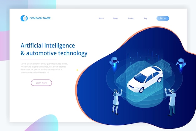 Isometric Cybernetic Robots and people works with a virtual interface in augmented reality Virtual computer development of a car model using artificial intelligence Future concept