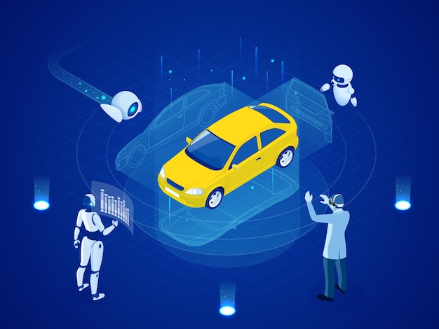 Isometric Cybernetic Robots and people works with a virtual interface in augmented reality Virtual computer development of a car model using artificial intelligence Future concept