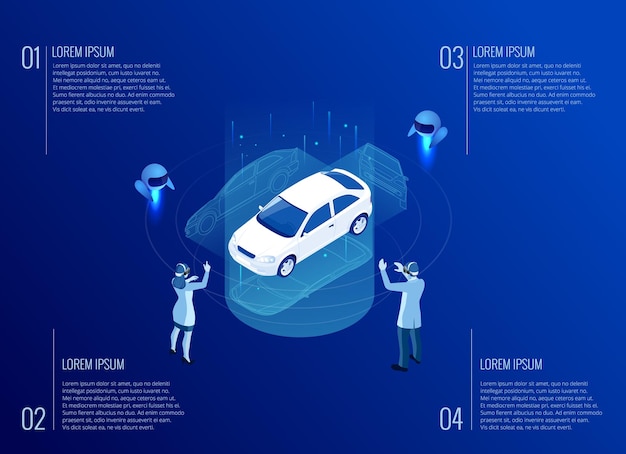 Isometric Cybernetic Robots and people works with a virtual interface in augmented reality Virtual computer development of a car model using artificial intelligence Future concept