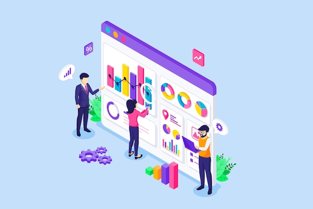 isometric Data analysis with business people work onscreen graphic dashboard with charts diagrams