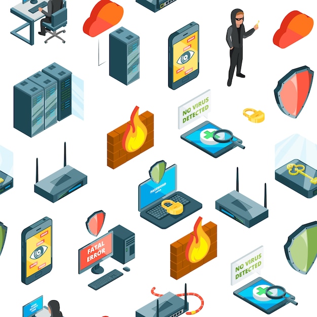  isometric data and computer safety icons pattern or 