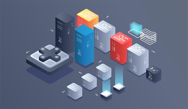 isometric digital technology illustration. big data machine learning algorithms.