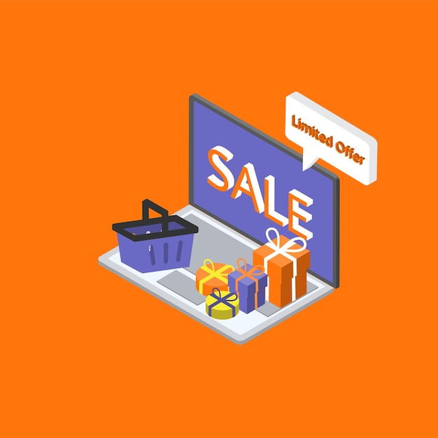 isometric discount sale banner template promotion with laptop