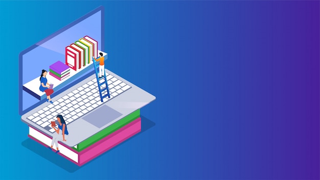 Isometric E-Library or Online Library on laptop.