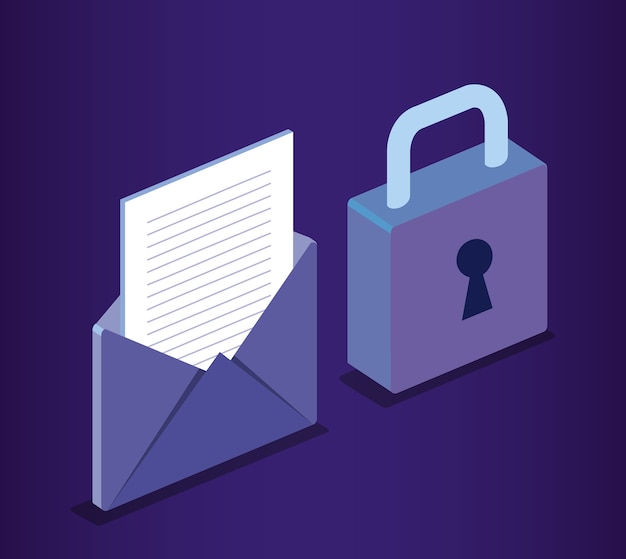 isometric envelope and padlock cyber security 