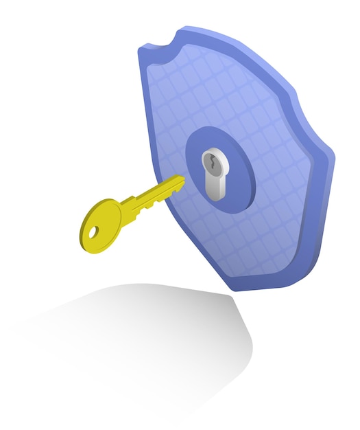 Isometric firewall shield with key Key opens access to data on digital device Realistic 3D vector