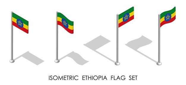 isometric flag of ETHIOPIA in static position and in motion on flagpole 3d vector