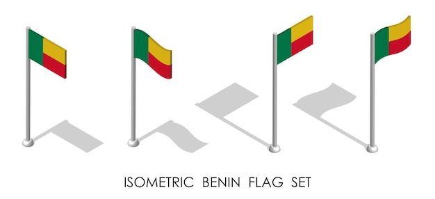 isometric flag of Republic of Benin in static position and in motion on flagpole 3d vector