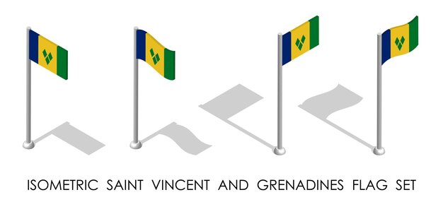 isometric flag of SAINT VINCENT AND GRENADINES in static position and in motion on flagpole 3d