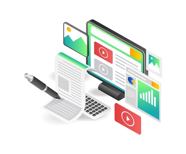 Isometric flat concept illustration of creative multi media web blog content