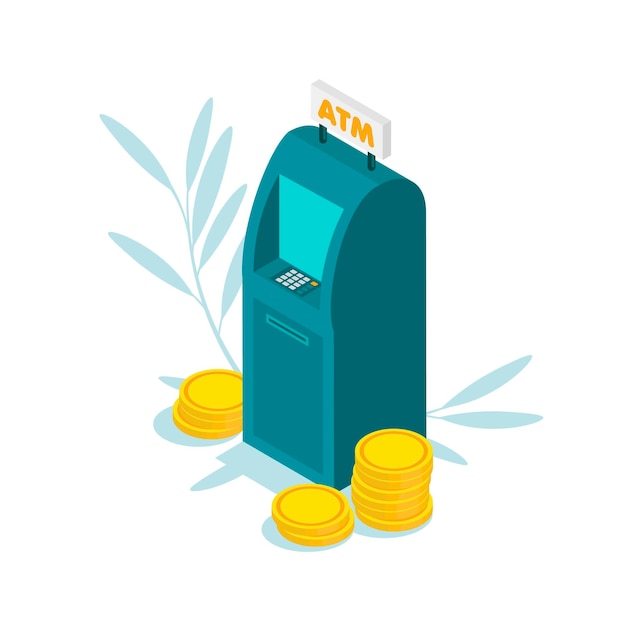 isometric flat design of atm machine with coins withdrawing money automat terminal
