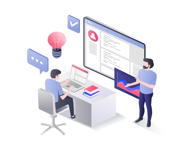 Isometric flat illustration concept man copying lessons on monitor