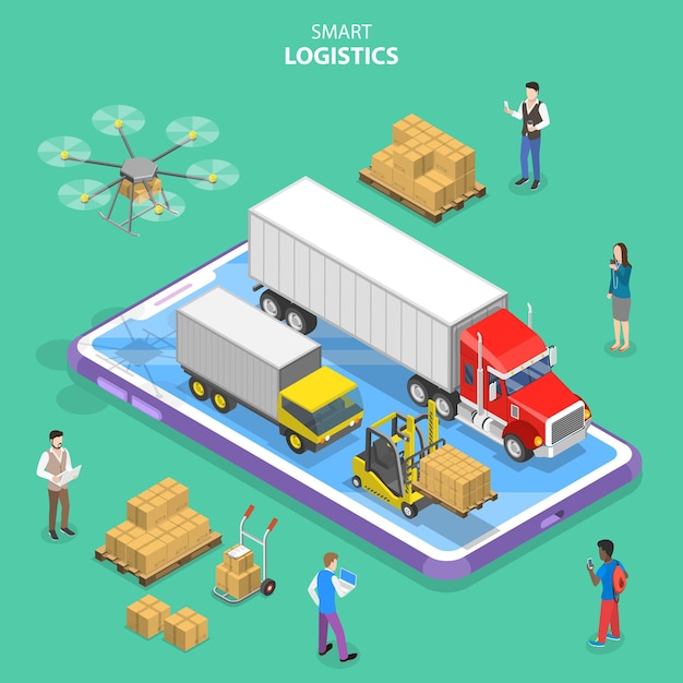 Isometric flat vector concept of smart logistics and transportation mobile app for delivery tracking