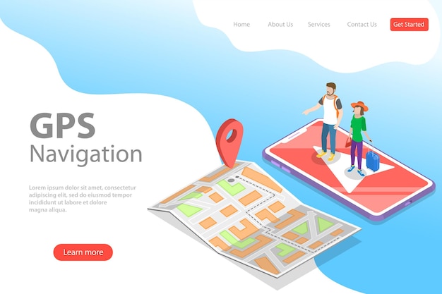 Isometric flat vector landing page tempate of mobile pgs navigation city map online geolocation