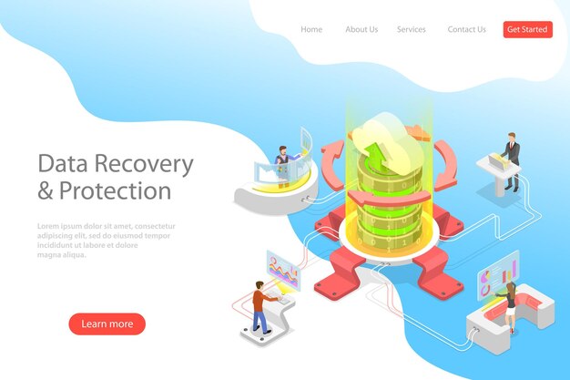 Isometric flat vector landing pate template of data recovery services data backup and protection hardware repair