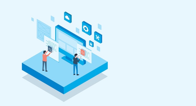 isometric flat vector web develop and web design team and people business team working concept