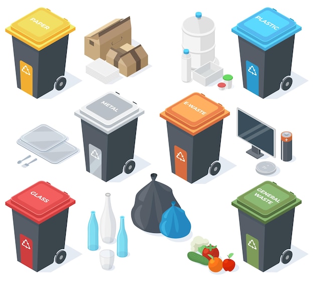 Isometric garbage multicolour trash cans waste recycle bins Plastic glass organic or paper garbage cans 3d trash bins vector illustration Waste recycle baskets