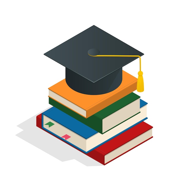 Isometric Graduation concept illustration. Heap of book graduate cap on top book license stationery