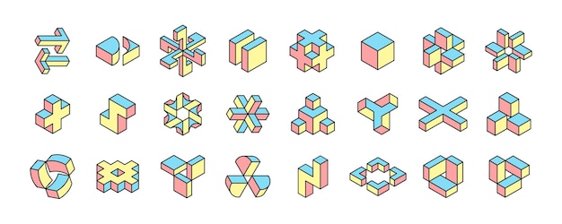 Isometric hexagon star arrow cubic and abstract logos set Optical illusion Dim colored retro 3D icons set Vector shapes for halftone label crypto company vintage posters