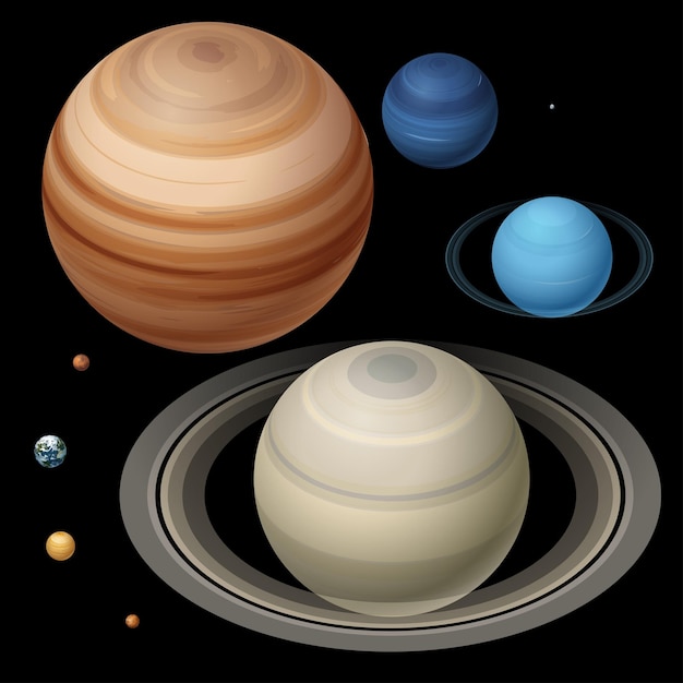isometric high quality isometric solar system planets. colorful planets colorful vector set on dark background.