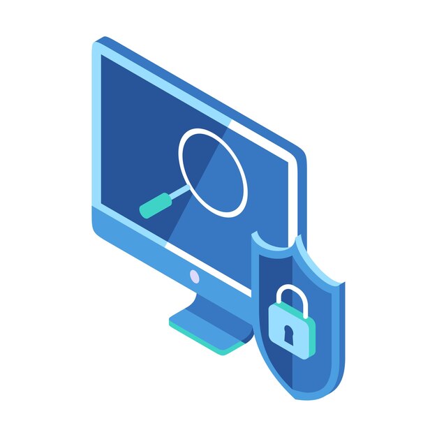 isometric icon representing searching in secure way shown on monitor