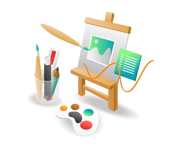 Isometric illustration concept Creative painting on canvas with ink brush