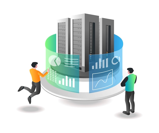 isometric illustration concept the team is analyzing server data and security