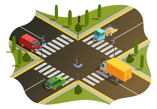 Isometric illustration depicting a detailed and busy urban intersection surrounded by vehicles